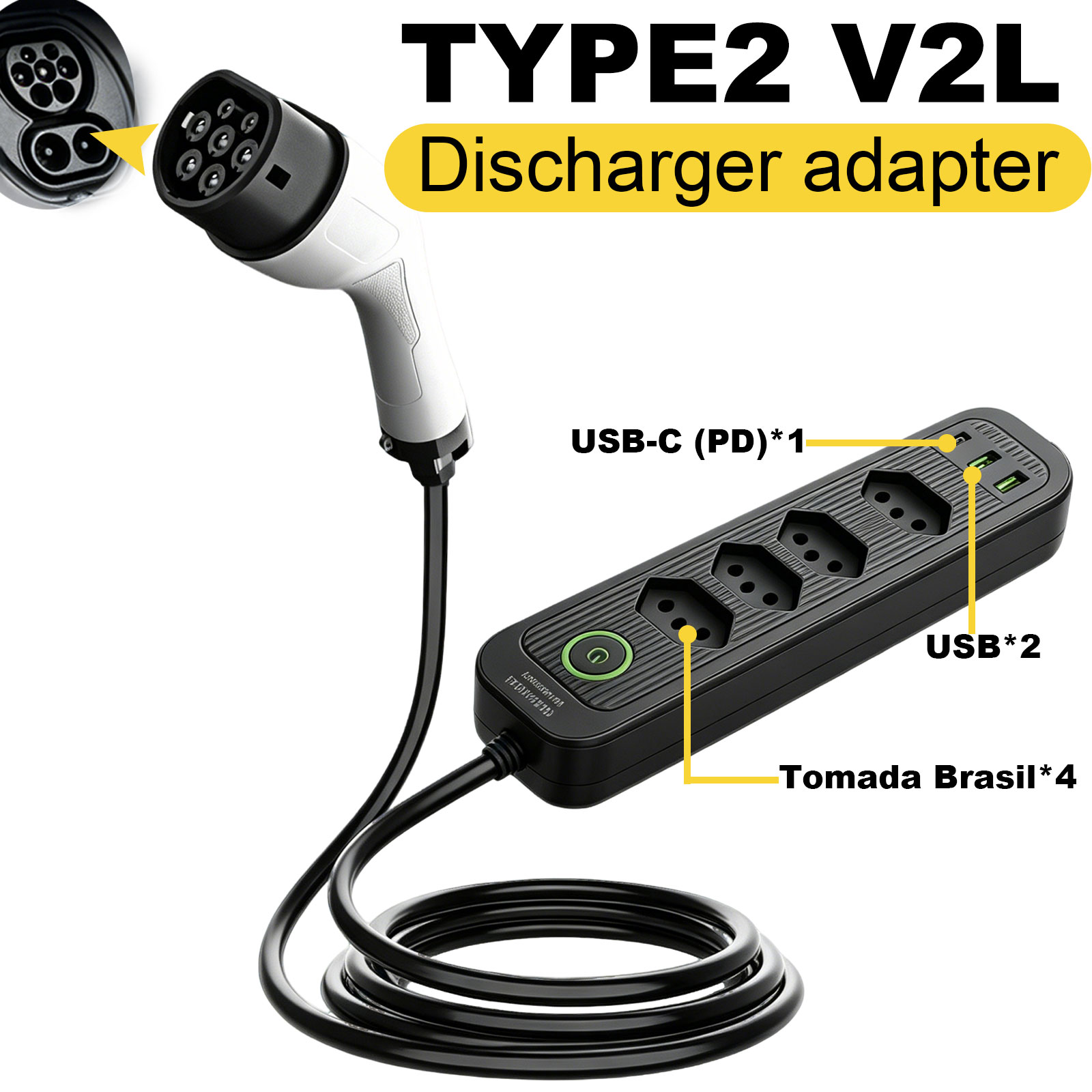Outdoor Power Module - Type2 V2L-ontladingsadapter 16A Braziliaanse stekker EV